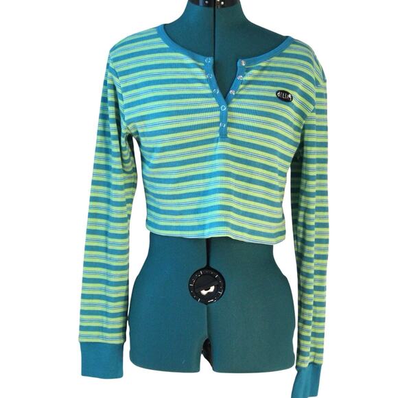 dELiA*s Striped Waffle Knit Henley Crop Top Y2K Vintage Small Long Sleeve - Picture 2 of 7